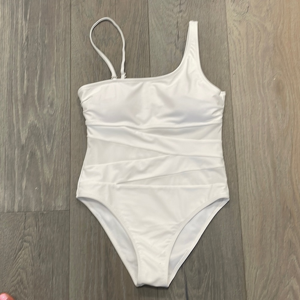 NWOT White Pink Lily One Shoulder Swimsuit Meet me at Waikiki -Small - Picture 6 of 9